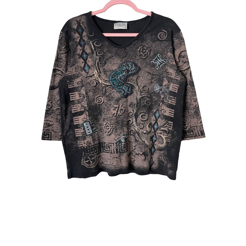 Cactus Bay Apparel Y2K Top XL Black Southwestern Kokopelli Rhinestone Tribal USA
